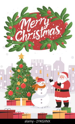 Weihnachten Weihnachtsmann Schneemann festliche Szene Feiertagsstimmung. Weihnachtsmann mit einem Schneemann in der Nähe eines geschmückten Baumes, umgeben von Geschenken in einer verschneiten Stadtlandschaft Stock Vektor