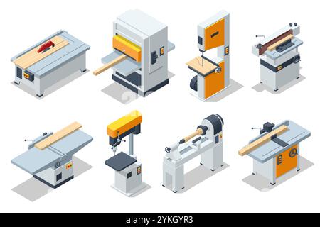Isometrische Schreinermaschinen-Set. Holzdrehmaschine, Bandsäge Holzmaschine, Kreissäge schneiden Holzplanke, Zimmermannhobel und Dickenmaschine Stock Vektor