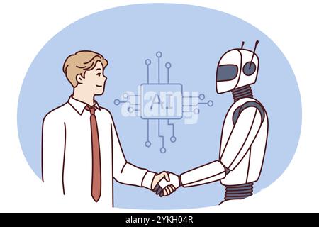 Der Mensch schüttelt den Roboter als Zeichen der Freundschaft zwischen Menschen und künstlicher Intelligenz. Konzeptentwicklungstechnologien mit artific Stockfoto