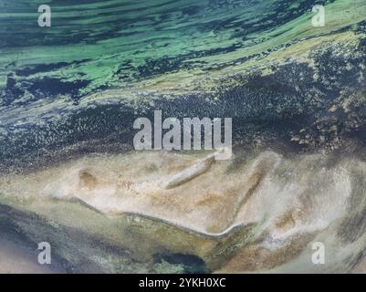 Luftaufnahme, Draufsicht einer Sandbank und Strömungslinien im Rheinbett, Bodensee, Landkreis Konstanz, Baden-Wuerttembe Stockfoto