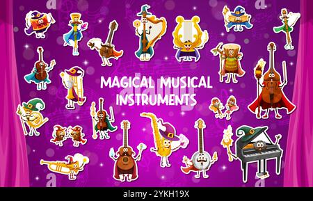 Aufkleber-Paket mit Musikinstrumenten Charaktere, Vektormagische Musiker Persönlichkeiten. Cartoon niedliche Schlagzeug-, Piano-, Gitarren- und Saxophonmagier, Geige, Trompete, Harfe und Banjo-Hexenaufkleber Stock Vektor