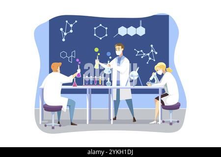 Wissenschaft, Coronavirus, Chemie, medizinisches Impfstoffkonzept. Team von Männern und Frauen Ärzte in medizinischen Gesichtsmaske erstellt Impfstoff aus COVID19. Wissenschaftlich Stockfoto