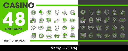 Casino Line Symbole von Spielautomaten, Poker Jackpot Geld und Glücksspiel Roulette, Vektorsymbole. Casino-Ikonen Set aus Blackjack-Würfeln, Karten und Wettchip, Poker und Glücksrad mit Vegas-Jackpot-Gewinnmünzen Stock Vektor