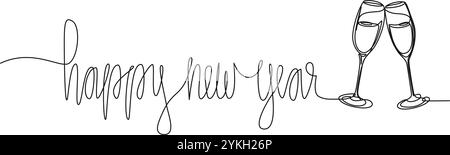 Kontinuierliche einzeilige Zeichnung von handgeschriebenen Wörtern HAPPY NEW YEAR und Champagnergläser klirren, Linie Art Vektor Illustration Stock Vektor