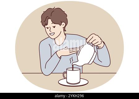 Ein junger Mann sitzt am Schreibtisch und gießt Tee aus dem Wasserkocher. Ein lächelnder Kerl genießt warmen Kaffee in der Tasse zu Hause. Vektorabbildung Stockfoto