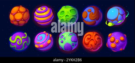 Cartoon Fantasy außerirdische Weltraumplaneten, Galaxienspiel-Asset. Vektorsatz fantastischer Sci fi gui-Objekte. Kosmische Weltkugeln, Himmelskörper mit Ringen, Krater und helle Geländeoberfläche Stock Vektor