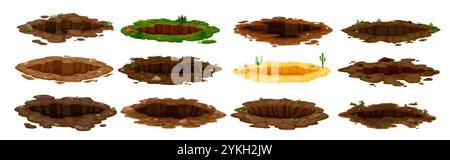 Schmutzige Gruben und Höhlen, tiefe Erdlöcher in der Erde mit Schlamm und Wasser in Hohlräumen, Comic Vektor. Graben Sie Gruben in Boden oder unterirdische Löcher mit Steinen und Gras auf Bodenlücken von Murmeltieren oder Maulwurf Stock Vektor