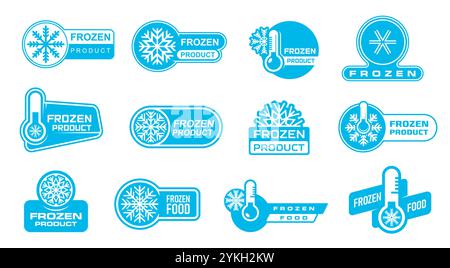 Symbole für gefrorene Lebensmittel. Eiskristall-Etiketten und kalte Produktabzeichen mit Vektorschnee, Schneeflocken und Kühlschrankthermometern. Blaue Aufkleber für die Verpackung von gefrorenen Lebensmitteln, Kühllagerung und Aufbewahrung im Gefrierschrank Stock Vektor
