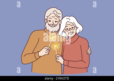 Glückliche Rentner mit Glitzern, die weihnachten symbolisieren, feiern gemeinsam das neue Jahr im Winter. Fröhlicher grauhaariger Mann und Frau Stockfoto