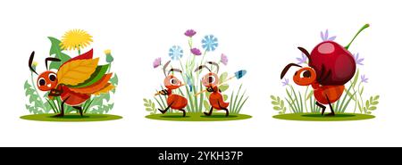 Zeichentrickfiguren, die Lebensmittel, Bauwerkzeuge und Materialien in den Ameisenhaufen transportieren. Niedliche Insekten Vektorfiguren von kleinen braunen Ameisen mit Schaufel, Spitzhacke, Kirschfrucht und gefallenen Blättern Stock Vektor