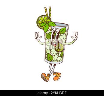 Cartoon Retro-groovige Mojito-Glasfigur mit Eiswürfeln, Limettenscheiben, Minzblättern und Strohhalm, die sich glücklich mit Friedenszeichen posiert. Isolierter Vektor lebendige klassische Cocktailfigur mit verspieltem Lächeln Stock Vektor