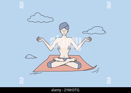 Yogi-Mann in Turban meditieren Yoga in Lotusposition Mudra Hände üben. Ruhiger indischer männlicher Guru-Lehrer, Meditationssitzung, frische Luft atmen r Stockfoto