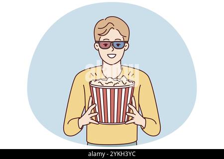 Glücklicher junger Mann in 3D-Brille und Popcorn in den Händen genießt das Wochenende im Kino. Lächelnder Kerl mit Snack vor dem Film im Kino. Vektorabbildung Stockfoto