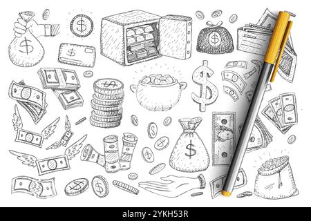 Geld und Finanzen Doodle Set. Sammlung von handgezogenen Safe, Säcke mit Bargeld, Münzen, Dollar, amerikanische Währung in Stapeln und Haufen isoliert auf Transportmittel Stockfoto