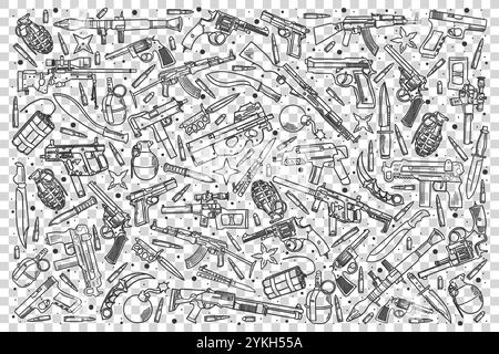 Waffen Doodle Set. Sammlung von handgezeichneten Skizzen Vorlagen Muster von Gewehren Gewehre Schrotflinten Revolver Granaten auf transparentem Hintergrund. Militar Stockfoto