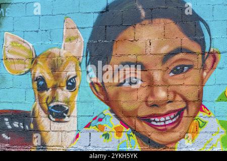 Künstlerische Wände mit farbenfrohen Tier- und Menschenmalereien und Graffiti in Playa del Carmen Quintana Roo Mexiko Stockfoto