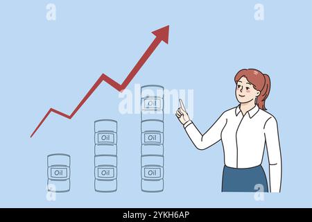 Lächelnde Geschäftsfrau zeigt, dass die Öl- und Gaspreise an der Börse steigen. Weibliche Angestellte zeigen einen Anstieg von Kraftstoff und Erdöl auf der Grafik oder der Tabelle. Gaso Stockfoto