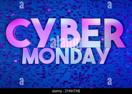 Lebendiger 3D Cyber Monday Text vor dynamischem, vom Glitch inspiriertem digitalem Hintergrund. Perfekt für Online-Verkäufe, Rabatte und E-Commerce-Veranstaltungen Stockfoto