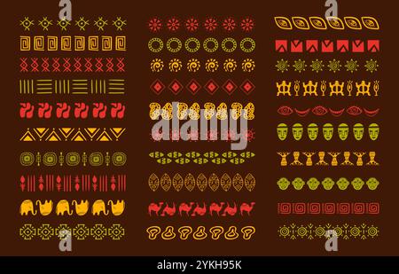 Grenzen im afrikanischen Stil. Nahtlose geometrische ethnische Muster. Dekorative Aufkleber, volkstümliche Ornamente und Trennwände. Traditioneller neoterischer Vektor Stock Vektor