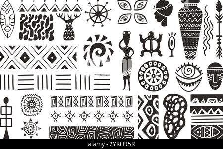 Afrikanische Stammeskritzelemente. Handgezeichnete ethnische Ornamente, Personen- und Tiersilhouetten. Kreisgrenzen, mystische Sicherheitssymbole, neoterische Vektorsätze Stock Vektor