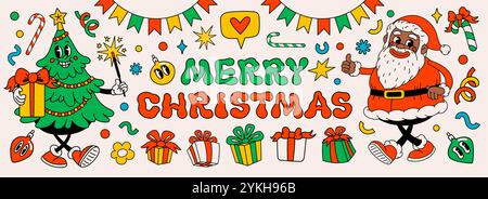 Groovige frohe weihnachtsaufkleber mit Weihnachtsmann, Weihnachtsbaum, Geschenk und anderen Designelementen im Retro-Vintage-Cartoon-Stil. Stock Vektor