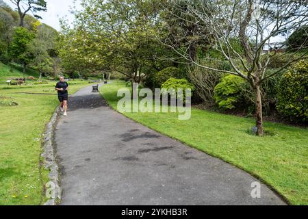 Ein Mann, der durch die historischen, preisgekrönten subtropischen Trenance Gardens in Newquay in Cornwall in Großbritannien läuft. Stockfoto