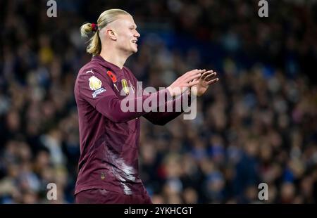 Brighton und Hove Albion gegen Manchester City - Spiel der Premier League im American Express Community Stadium in Brighton. Samstag, 9. November 2024 – Erling Haaland von Manchester City reagiert nach dem Eröffnungstreffer. Nur redaktionelle Verwendung. Kein Merchandising. Für Football Images gelten Einschränkungen für FA und Premier League, inc. Keine Internet-/Mobilnutzung ohne FAPL-Lizenz. Weitere Informationen erhalten Sie bei Football Dataco Stockfoto