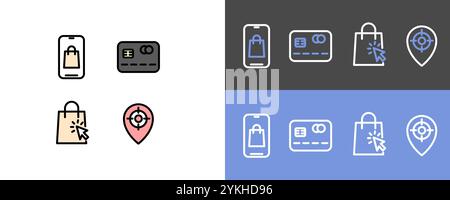 E-Commerce- und Online-Shop-Symbolsatz – moderner Einkaufswagen auf einem Smartphone, Kredit- oder Debitkarte, Einkaufswagen- und Zielgruppensymbole Stock Vektor