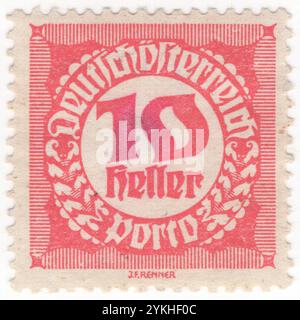 ÖSTERREICH — 1920: 10 heller heller roter Briefmarken mit einer Wertzahl (Ziffer) in einem Kreisrahmen mit geometrischem Ornament im Stil des Blackletters, auch als gotische Schrift, gotischer Minuskel oder gotischer Typ bekannt, war eine Schrift, die in ganz Westeuropa verwendet wurde. Neben der italienischen Schrift und der römischen Schrift war der Schwarze Buchstabe eine der wichtigsten Schriften in der Geschichte der westlichen Typografie. Fragen der Republik Stockfoto