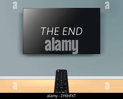 Online-TV mit Filmendbildschirm ansehen. Die Fernbedienung ist auf den Fernseher an der Wand gerichtet. Vektorabbildung. Stock Vektor