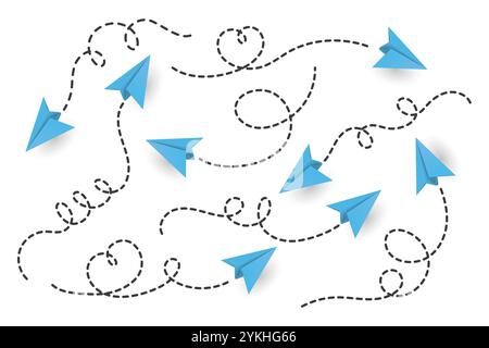 Vector Realistic Blue Paper Planes Collection. Symbolgruppe „Papierebene“. Herzförmiges fliegendes Papierflugzeug mit gepunktetem Luftweg. Grünbuch Ebenen mit Stock Vektor