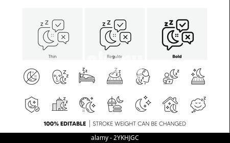 Symbole für Ruhezustand. Schlafkissen, Nachtbett und Schlaflosigkeit Ikonen. Zeilensymbole. Vektor Stock Vektor