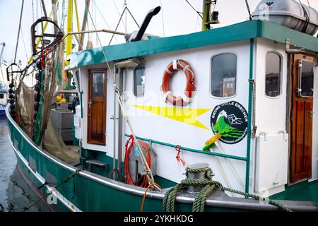 Cuxhaven, Deutschland. November 2024. Ein Garnelenboot mit dem Aufkleber „Break the Green Wave - Halten Sie Ihre Hände weg von unseren Fischgründen“ liegt im Hafen. In Cuxhaven findet die 2. Norddeutsche Fischereikonferenz statt. Thema der Konferenz ist die Sicherung und nachhaltige Entwicklung der deutschen Küstenfischerei. Quelle: Sina Schuldt/dpa/Alamy Live News Stockfoto