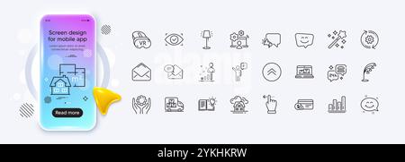 Symbole für Zahnrad, Stehleuchte und Diagrammdiagramm für die Web-App. Bildschirm „Phone Mockup Gradient“. Pack mit Symbolen für Smile Face, Mail, Zauberstab. Wischen Stock Vektor