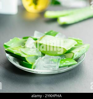 Auf dem Bild sehen Sie Blätter der Aloe Vera-Pflanze und kleine Stücke ihres Zellstoffes auf einem Schieferhintergrund Stockfoto