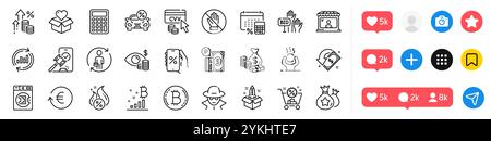 Symbole für jährliche Steuern, Treuepunkte und Währungsumtausch. Social-Media-Symbole. Geld, Bitcoin-Grafik, Market Seller Web-Symbol. CVV-Code, Bitcoin, Stock Vektor