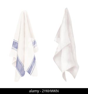 Hängende Servietten und Küchentücher, Set. Digitale Illustration mit Aquarell. Weiße Baumwollhandtücher mit blauem Streifen, Leinenservietten, Aufhängen, Stockfoto