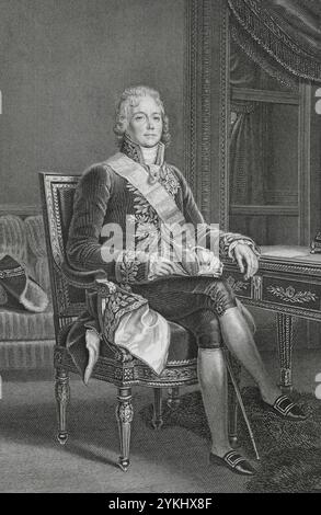 Charles Maurice de Talleyrand (Charles-Maurice de Talleyrand-Périgord) (1754-1838), Prinz von Talleyrand. Französischer säkularisierter Geistlicher, Staatsmann und Diplomat. 1779 wurde er zum Priester geweiht und 1788 zum Bischof von Autun ernannt. Während der Französischen Revolution hielt er sich an die Zivilverfassung des Klerus (1790) und verzichtete später auf das Priestertum, um ein säkulares Leben zu führen. 1789 wurde er zum stellvertretenden Klerus des Generalstabs gewählt. Präsident der verfassungsgebenden Nationalversammlung (16-27. Februar 1790). Französischer Botschafter im Vereinigten Königreich (1792-1793). Hochformat. Stich von Goutière. „Histoir Stockfoto