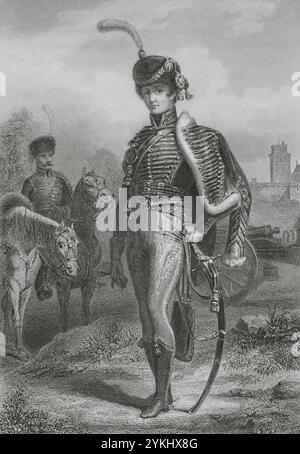 Gérard Duroc (Géraud Christophe Michel du Roc) (1772-1813). Französisch allgemein. Porträt von Duroc als Kommandeur der Artillerie der Konsulargarde (Garde Consulaire). Zeichnung von Eugène Charpentier. Gravur von Audibran. "Histoire du Consulat et de l'Empire" (Geschichte des Konsulats und des französischen Reiches unter Napoleon), von A. Thiers. Band III. Veröffentlicht in Paris, 1845. Stockfoto