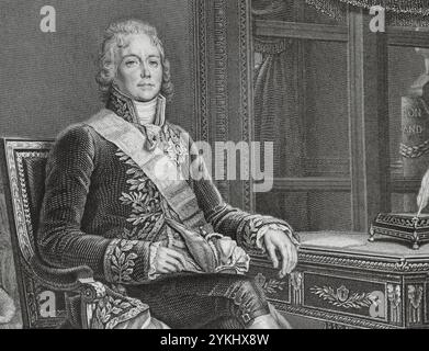 Charles Maurice de Talleyrand (Charles-Maurice de Talleyrand-Périgord) (1754-1838), Prinz von Talleyrand. Französischer säkularisierter Geistlicher, Staatsmann und Diplomat. 1779 wurde er zum Priester geweiht und 1788 zum Bischof von Autun ernannt. Während der Französischen Revolution hielt er sich an die Zivilverfassung des Klerus (1790) und verzichtete später auf das Priestertum, um ein säkulares Leben zu führen. 1789 wurde er zum stellvertretenden Klerus des Generalstabs gewählt. Präsident der verfassungsgebenden Nationalversammlung (16-27. Februar 1790). Französischer Botschafter im Vereinigten Königreich (1792-1793). Hochformat. Stich von Goutière. Details. Stockfoto