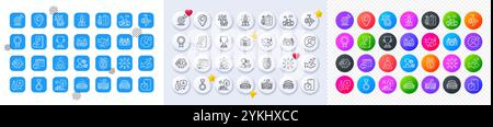 Zeilensymbole für Timer-App, Preisträgermedaille und Fitness-Kalender. Quadratische Tasten, Verlauf, Stift 3d. Symbole FÜR AI, QA und MAP-Pins. Packung mit Award Cup, Fitness, Yog Stock Vektor