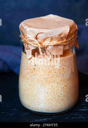 Roggen Sauerteig für Brot ist aktiv. Starter Sauerteig. Das Konzept einer gesunden Ernährung. Stockfoto