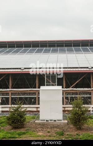 Eine freie Färsenscheune mit 720 Photovoltaik (Solarpaneelen) auf Brubaker Farms macht sie am 19. März 2011 sowohl zu einem Tagebuchproduzenten als auch zu einem Öko-Energieproduzenten in Mount Joy, PA. Die Familienfarm von Luke, Mike und Tony Brubaker hat etwa 850 Kühe und 700 Jungtiere, die letztes Jahr 20.200.000 Pfund Milch produziert haben. Es hat 13 Vollzeitangestellte und mehr als 1.500 Hektar Ackerland. Diese Färsenscheune mit 720 Photovoltaik (Solarpaneele) und zwei weiteren Gebäuden verfügt über insgesamt 777 Paneele, die 150 kW elektrische Energie erzeugen. Dies wurde mit Hilfe des Finanzministeriums ermöglicht. Stockfoto