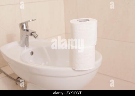 Toilettenpapier und Bidet, Bidet-Dusche oder Toilettenpapier Stockfoto