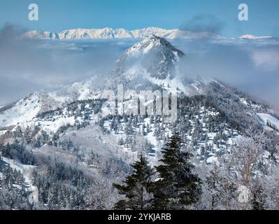 Zerklüftete Berggipfel und schneebedeckte Wälder umgeben von schroffen Wolkenschichten Stockfoto