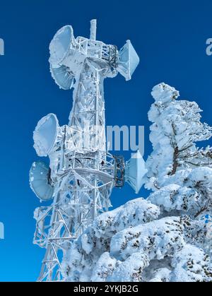 Mikrowellengeschirr und Radioantenne auf einem Berg, bedeckt mit Schnee und Eis, mit blauem Himmel Hintergrund Stockfoto