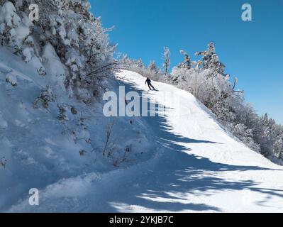 Skifahrer, der einen steilen, schmalen Hang hinunterfährt (Yokoteyama, Japan) Stockfoto