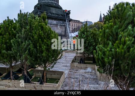 Edinburgh, Schottland, Vereinigtes Königreich, 18. November 2024. Weihnachtsdekoration & Markt: Die Hauptstadt bereitet sich auf die Weihnachtszeit vor. Im Bild wird ein Tannenbaumlabyrinth in den Gärten des St. Andrew Square errichtet. Quelle: Sally Anderson/Alamy Live News Stockfoto