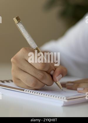 Nahaufnahme einer Hand, die mit einem eleganten Stift auf einem Notebook schreibt Stockfoto