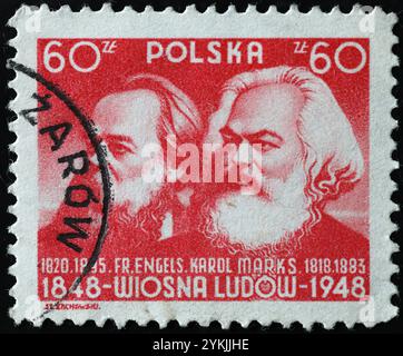 Engels und Marx auf alte polnische Briefmarke Stockfoto